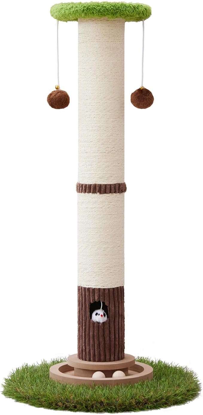 Scratcher Posts for Adults Cats - 33" Tall Cat Scratching Post, Premium Sisal Post for Kittens, Cat Scratcher Tree with Reinforced Stable Base and Interactive Wooden Ball (Green)