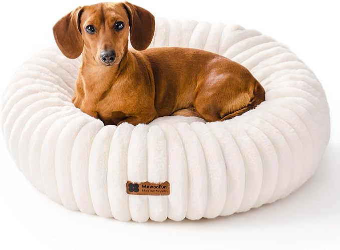 MEWOOFUN Donut Dog Beds for Small Dog, Calming Bed Round Cute Puppy Bed with Non-Slip Bottom, Fluffy Washable Pet Bed for Puppy and Kitten (Cream, S (25x25x7))
