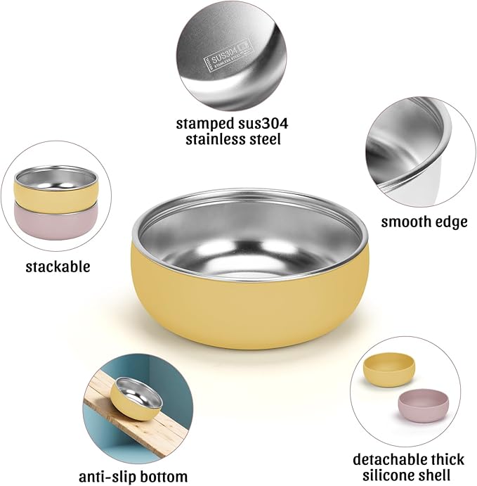 Kitten Food Bowls 2 Pack, Stainless Steel Cat Food and Water Bowl Set with Anti-Slip Silicone Bottom, 5 '' Wide Thick & Heavy Duty Metal Pet Bowls for Indoor Cats