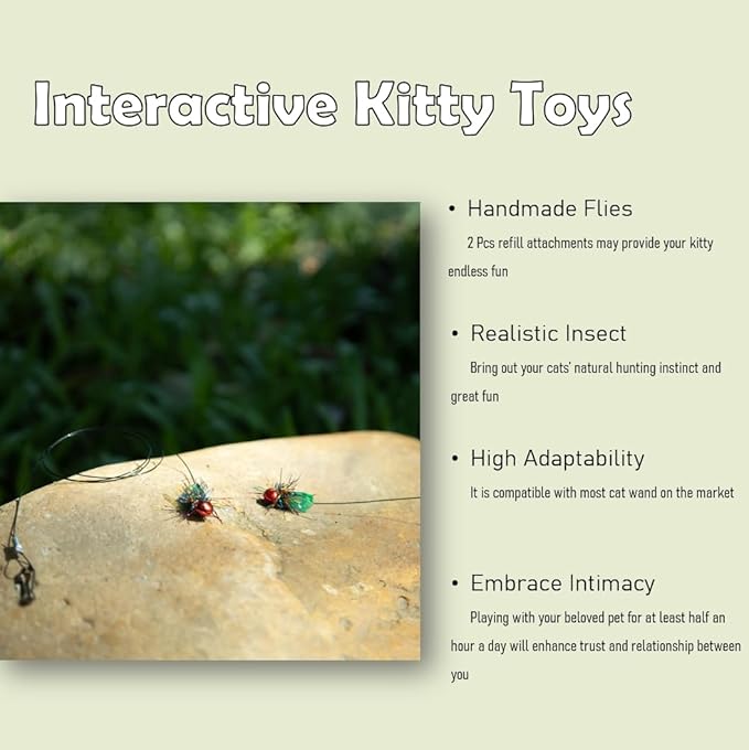 Cat Feather Toys - 2 Pcs Handmade Simulation Flies – Durable Cat Toy Wand Refills - Interactive Kitten Teaser Wand Attachments - Cat Toys Replacement for Cat Kitten Wand