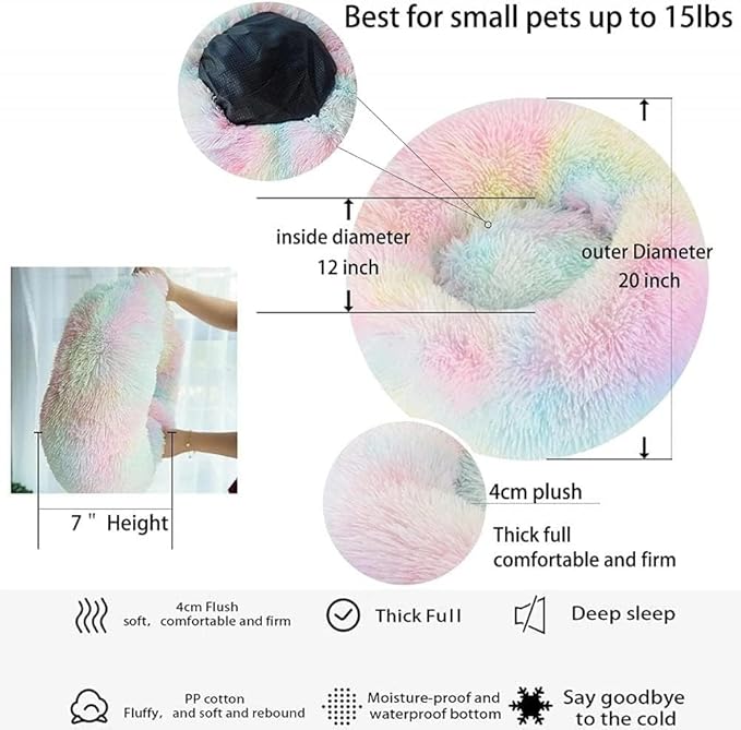 Cat Bed for Indoor Cats and Small Medium Dogs - Washable 20/24 Inches, Anti-Anxiety Round Fluffy Plush Faux Fur, Thick Bottom (Rainbow, Medium)