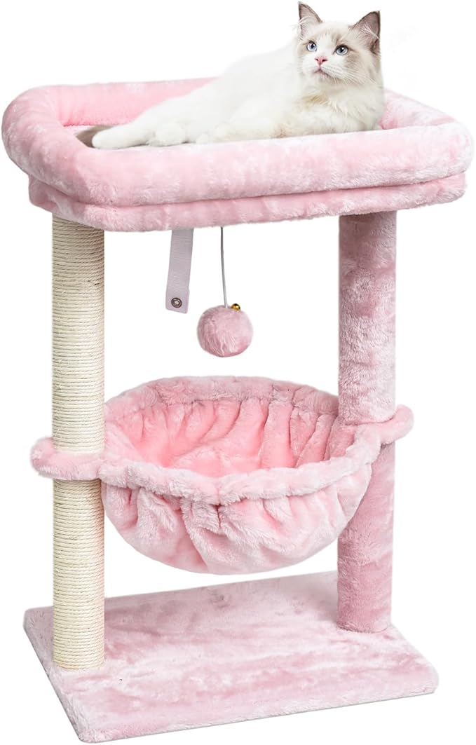 SYANDLVY Small Cat Tree for Indoor Cats, Activity Cat Tower with Scratching Post for Kittens, Modern Cat Furniture with Basket & Hanging Ball for Play Rest, Pink