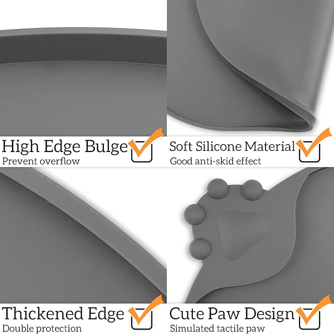 KPWACD Pet Placemat for Dog and Cat, Waterproof Silicone Dogs Feeding Bowl Mat Prevent Food and Water Overflow, High-Lips Puppy Dish Mats Suitable for Small Medium Big Pets, Grey, 24" * 16"