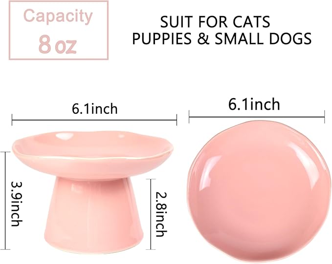Extra Wide 6.1" Raised Cat Food Bowl, Shallow Ceramic Elevated Cat Feeder, Anti Vomiting, Stress Free, Whisker Fatigue, Pet Food or Water Bowl, Pink
