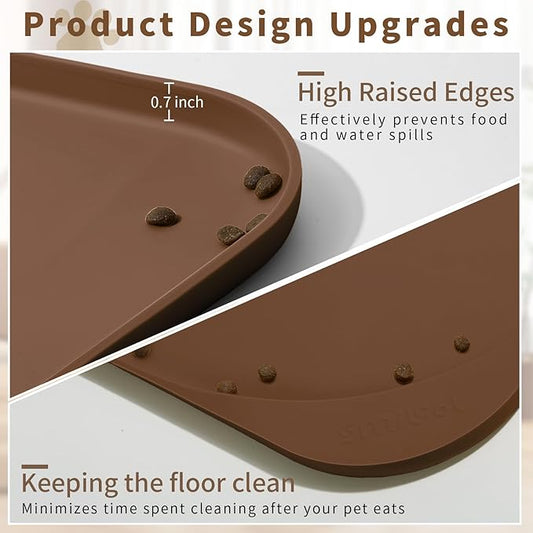 Silicone Pet Feeding Mat with Raised Edge & Residue Collection Pocket for Food and Water, Dog Bowl Mats, Cat Bowls Placemat with High Lip for Floor Waterproof, 19 x 12 x 0.7 Brown