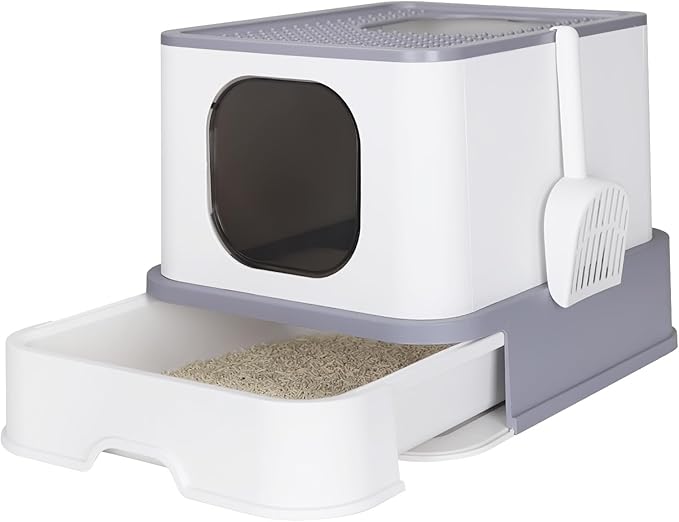 RIZZARI Large Enclosed Cat Litter Box : Covered Leak-Proof Reduces Odor - for Indoor Use Cat Owners (Light Gray)
