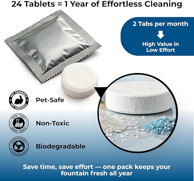 24 Pack Pet Fountain Cleaning Tablets, Removes Stains & Mineral Residue from Pet Fountains, Helps Maintain Water Flow & Pet Fountain Pump, Easy Drop-In Formula