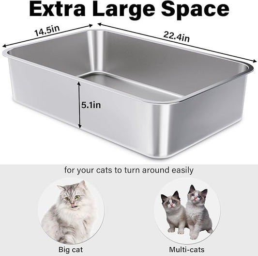 Stainless Steel Litter Box 2 Pack,XL Metal Litter Box for Cat,Easy Clean Non Stick No Smell Metal Litterbox for Kitty/Multi-Cats