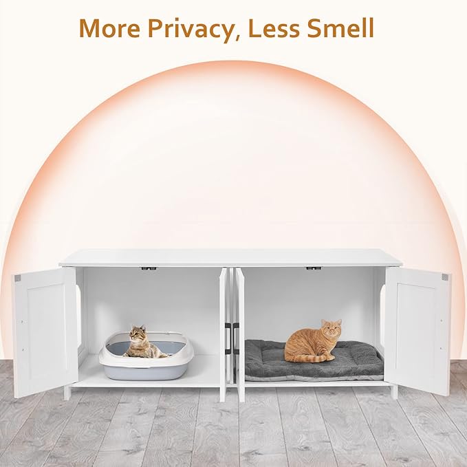 Homhedy Cat Litter Box Enclosure For 2 cats, Litter Box Furniture Hidden with Double Room,Wooden Cat Washroom Furniture,Cat House,47.2”L x 19.7”W x 19.7”H,White