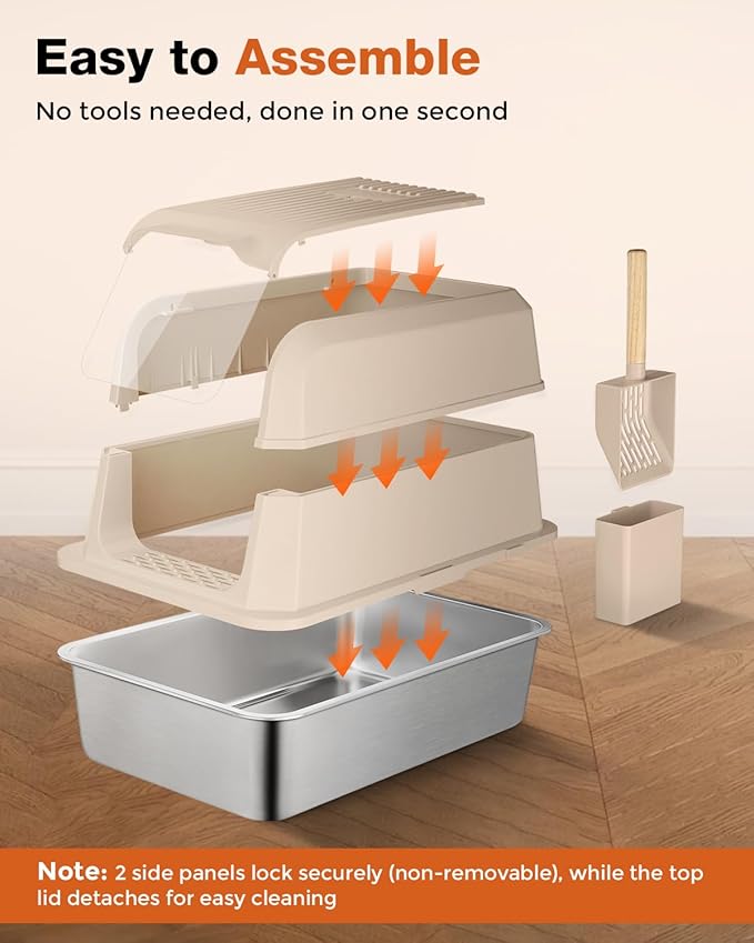 Stainless Steel Litter Box with Lid - Extra Large Cat Litter Boxes for Big Cats with Mat & Scoop - Anti-Leakage, Odor-Proof, High-Sided, Non-Stick＆ Easy to Clean - Ideal for Multi-Cat Homes - Khaki
