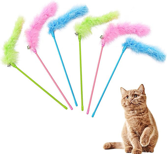 IUHKBH Cat Wand Toys, 6 PCS Interactive Cat Feather Toys Colorful Cat Teaser Wand with Bell for Cats and Kitties