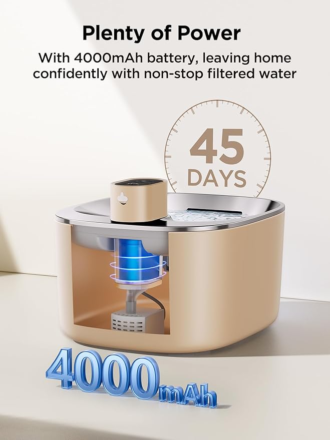 Cat Water Fountain Battery Operated, 4L/135 fl oz Pet Water Fountain for Cats and Dog with Motion Sensor, Ultra Quiet Cat Drinking Fountain with 2 Filters (Beige YPD-C004P)
