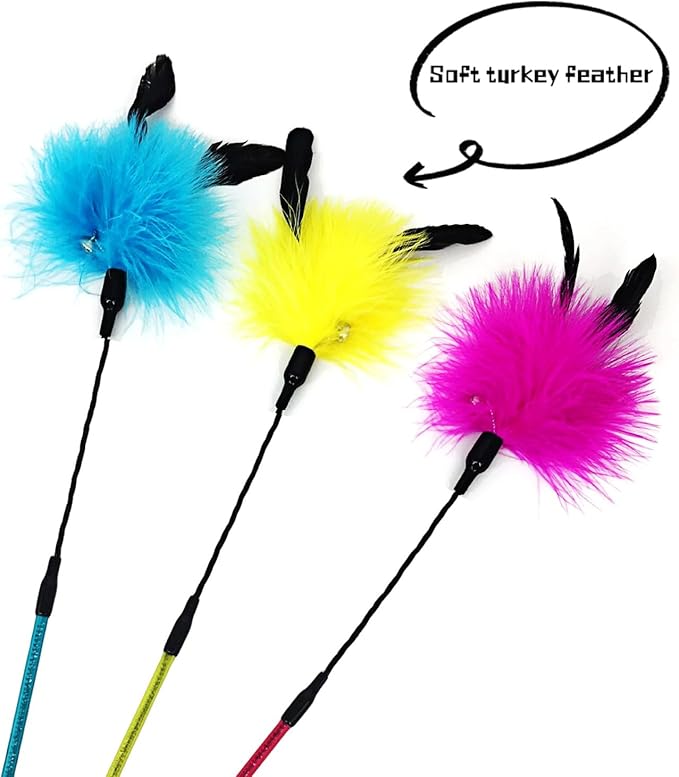 Cat Feather Wands, 3 Colors Soft Turkey Feather Teaser Wands Interactive Unbreakable Kitten Wands Fun Kitty Toy for Indoor Cats Play Exercise