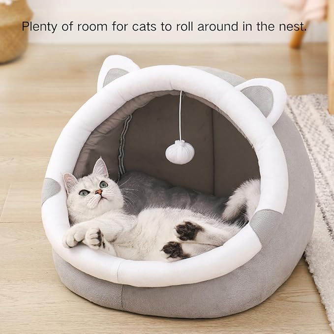 Cat Bed Cave with Removable Cushion, Indoor Pets Plush House Bed with Pompom for Small Dogs Cats Kitten Puppy Rabbits (Grey,M)