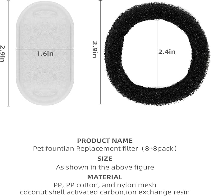 Cat Water Fountain Filter Compatible with Stainless Steel Dispenser, Efficient Filtration with Coconut Shell Activated Carbon and Fresh Water (8 Filters+8 Sponges)