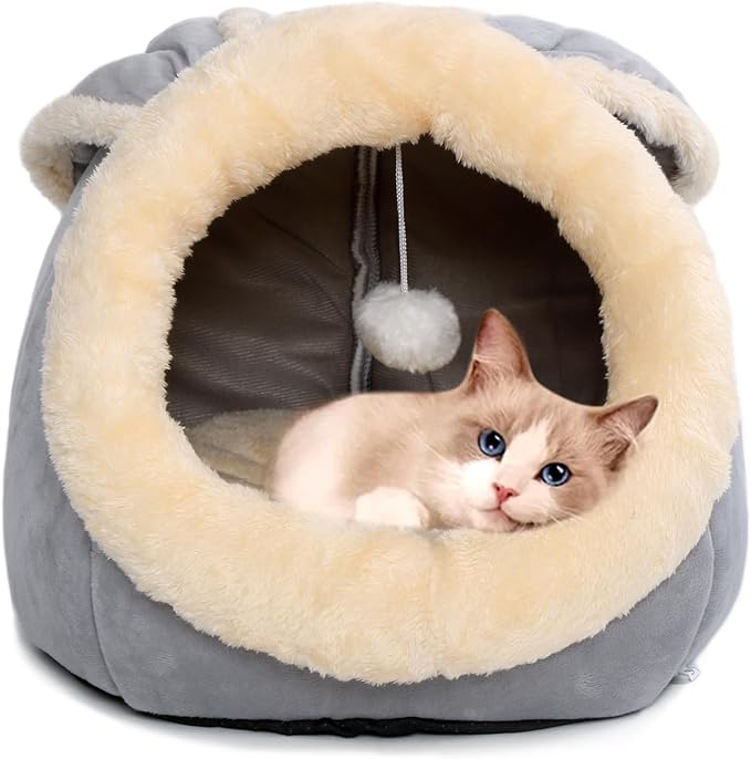 Cat Beds for Indoor Cats - Rabbit-Shaped Cat Cave Bed with Hanging Toy,Super Soft Calming Pet Bed for Kitten&Puppy,Small Dog,Warm Plush&Machine Washable&Removable Cotton Pad,Cat Hideaway(Grey M)