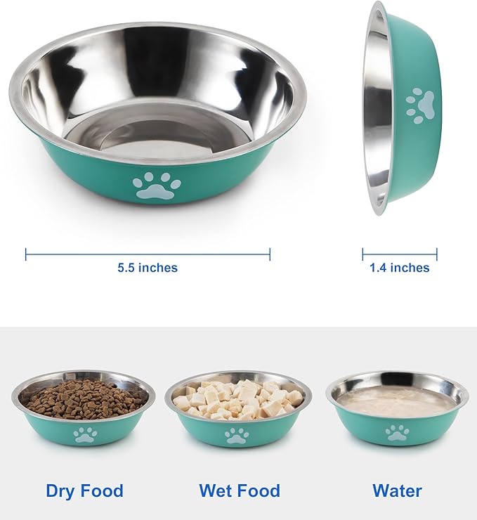 6 PCS Stainless Steel Cat Bowls, Non-Slip Stainless Cats Food Bowl Metal Cat Dishes Whisker Fatigue Kitten Plates Shallow Wide Kitten Bowls, 5.5” Whisker Friendly Food Dish (Bright Green)