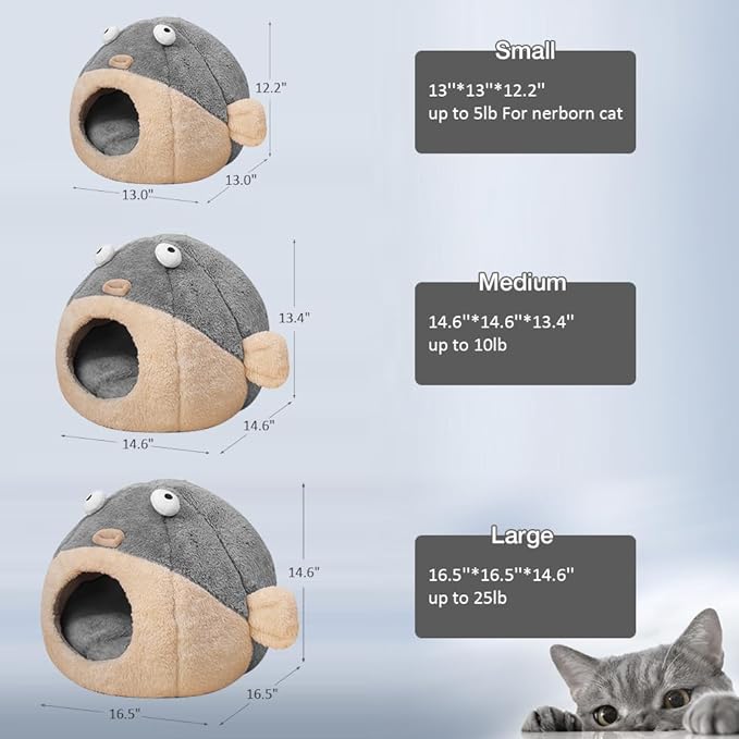 Cat Beds for Indoor Cats - Cat Bed Cave with Removable Washable Cushioned Pillow, Soft Plush Premium Cotton No Deformation Pet Bed, Lively Pufferfish Cat House Design, Grey, Multiple Sizes(L)