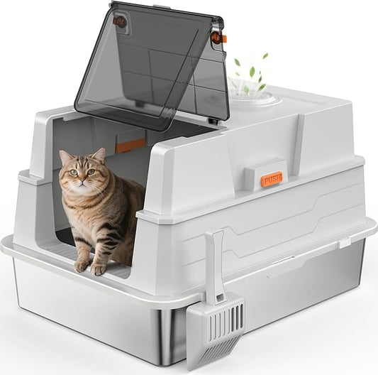 Extra Large Enclosed Stainless Steel Cat Litter Box with Lid - XXXL Giant Metal Enclosed High Sides Litter Boxs for Multi-Cat Households and Overweight Cats - Black