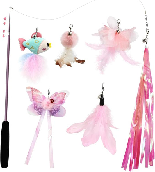 SONGWAY Cat Wand Toys for Indoor Cats - Cat Toy Set with Retractable Teaser Wand and 6 PCS Fairy Feather Toy Refills, Butterfly Tassel Plush Cat Toys Interactive, Pink