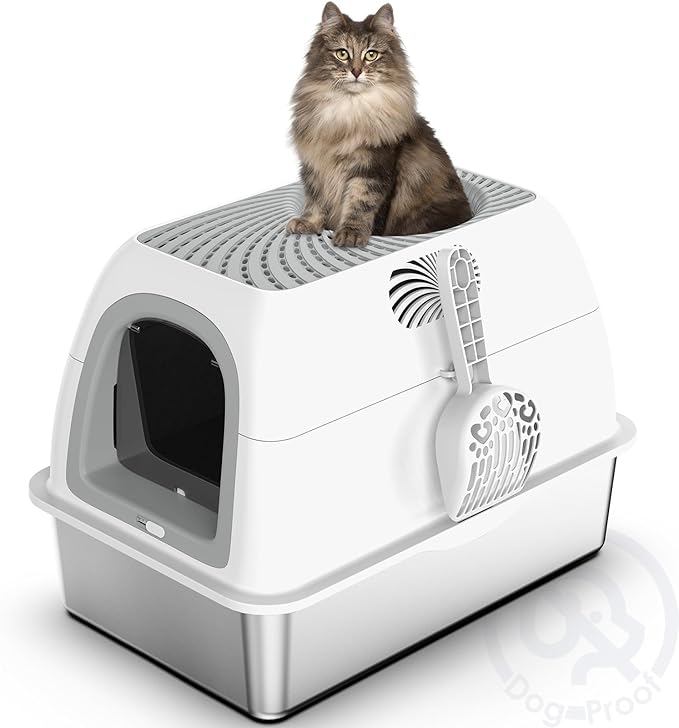 Stainless Steel Top Entry Litter Box with Dog-Proof, Hooded Stainless Steel Litter Box with Filter Lid & Scoop for Low Tracking, Enclosed Cat Litter Boxes for Anti-Leakage Metal Litter Pan