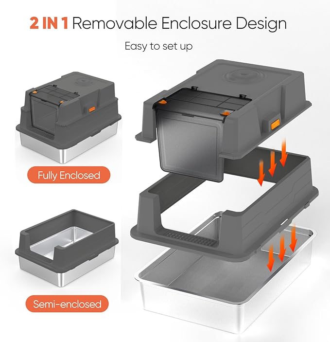 ELEGX XXL Extra Large 28" L×20" W Odor-Control Stainless Steel Cat Litter Box, 4-in-1 Cat Metal Litter Box Set,Enclosed Removable Metal Litter Box with High Sided Enclosure,Mat & Scoop