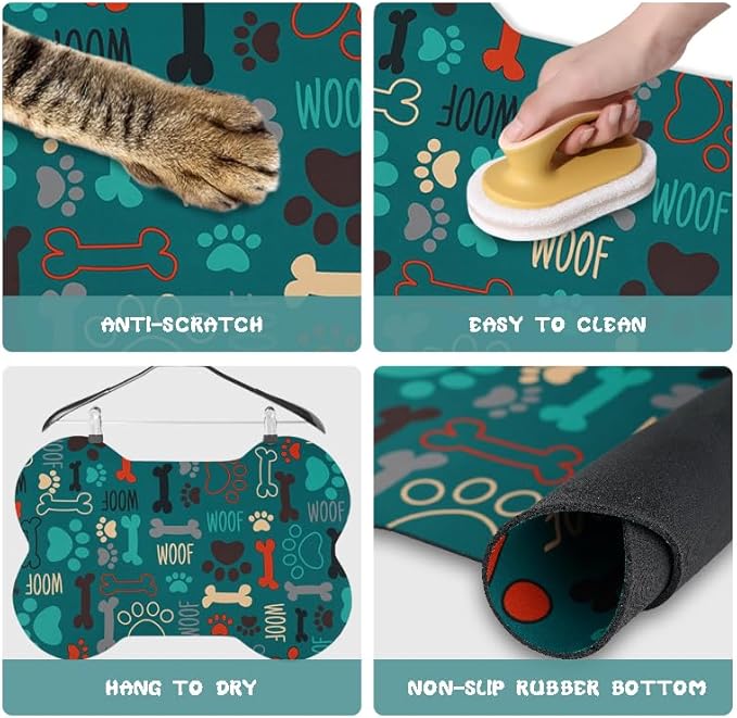 Dog Food Mats for Floors Waterproof, Pet Feeding Absorbent Water Bowl Mat Cat Placemats Green Bone Shape 23.6 * 15.7 inch