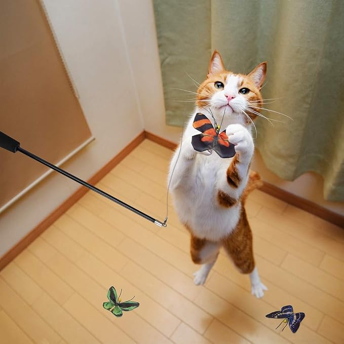 AWOOF Butterfly Cat Wand Cat Toys Set, Realistic Crinkle Catnip Butterflies Kitten Toys with Retractable Interactive Cat Wand 11 PCS Cat Toys for Indoor Cats