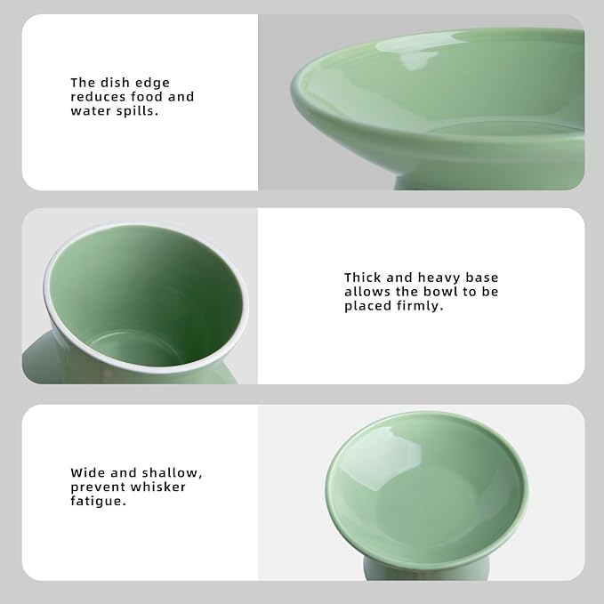 6.2 Inch Extra Wide Elevated Ceramic Cat Bowls, Food and Water Bowl Set for Elder Big Cats Small Dogs, Raised Design for Pet Easy Eating, Protect Cat's Spine Set of 1(Green)