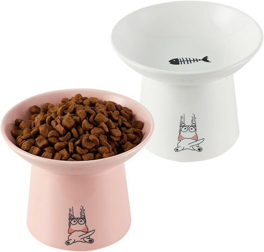OMAYKEY 6.5 Inch Extra Wide Ceramic Raised Cat Bowls, Elevated Cat Bowl for Food and Water, Wide Shallow Cat Food Feeder Dishes, Whisker Fatigue, Protect Spine, White & Pink