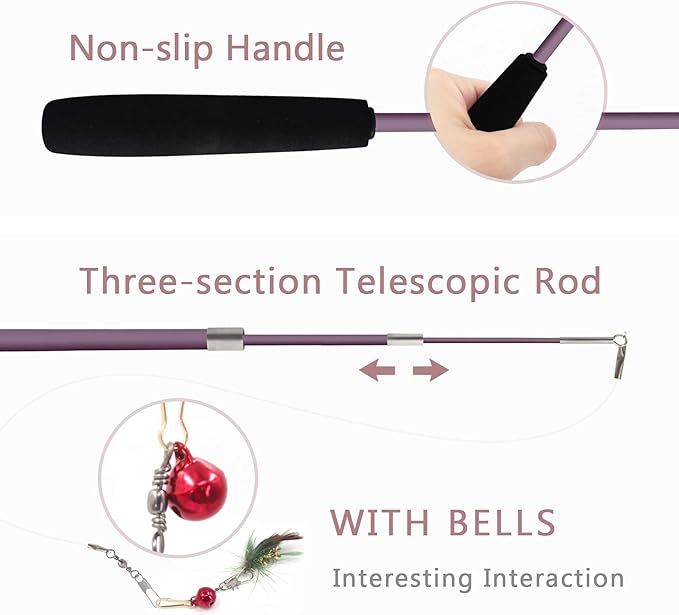 SONGWAY Cat Teaser Wand Toy - 10 Pieces Insect Cat Feather Toy Set with Retractable Wand and Feather Refills with Bell, Interactive Toys for Indoor Cats