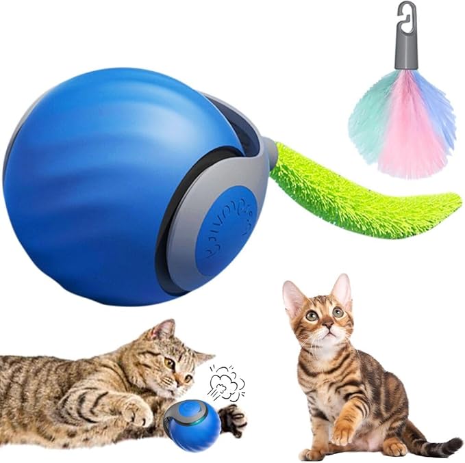 Interactive Cat Toys for Indoor Cats, Smart Interactive Cat Toy Ball with Tail Fast Rolling on Carpet Automatic Kitten Toys for Bored Indoor Adult Cats Two Speed Adjustment (Blue)
