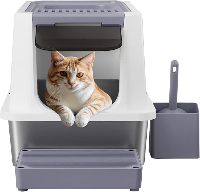 RIZZARI Stainless Steel Cat Litter Box, Odorless Enclosed Litter Box with Top Holes, Large Litter Pan for Small to Large Sized Cats (Light Gray, 23.8" L*15.9" W*16.1" H)