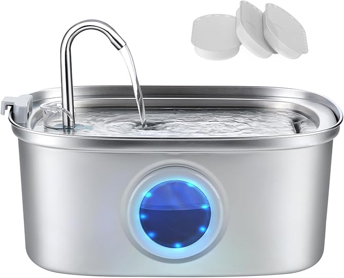 Cat Water Fountain Stainless Steel, 0.8gal/108oz Pet Water Fountain with Water Level Indicator and 3 Filters, Cat Fountain with Quiet Pump Ideal for Cats, Dogs and Multi-pet households