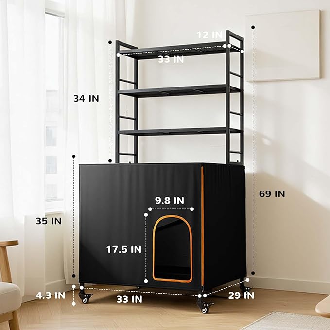 Lekereise Cat Litter Box Enclosure, Large Hidden Litter Box Furniture with Removable Waterproof Cover, Kitty Litter Box Furniture with 3-Tier Adjustable Shelves Storage and Wheels (70.87”H, Black)