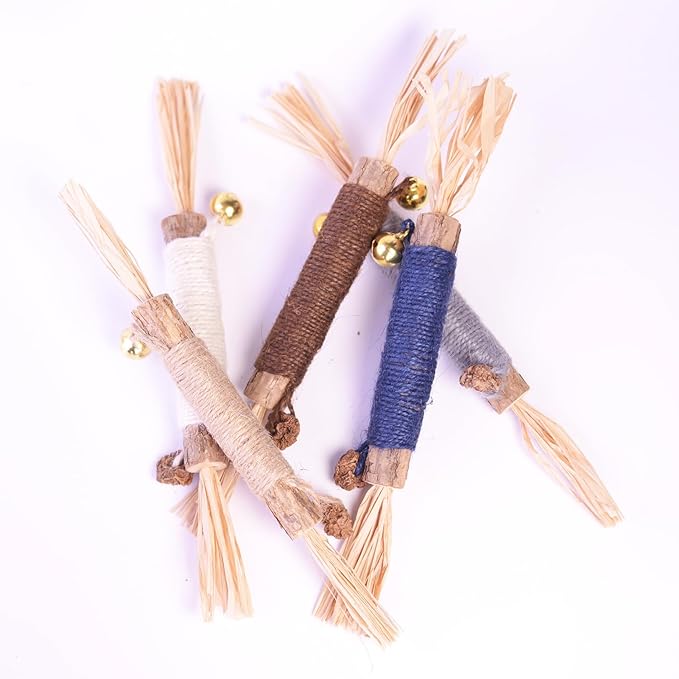Natural Dried Matatabi Cat Chew Stick with Gall Fruit, Raffia Grass & Bell Ball Toys for Cat, Silvervine Sticks Interactive Catnip Toys for Teething & Entertainment (Size L Color I)
