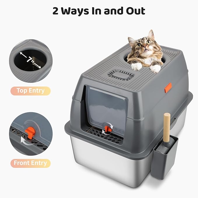 Stainless Steel Litter Box with Sifting Pan, XXL 23.6"L x 15.7"W x 17.7”H Enclosed High Sided Removable Metal Cat Litter Box withLid, Scoop, Anti-Leakage, Non-Sticky, Easy Cleaning (Dark Grey)