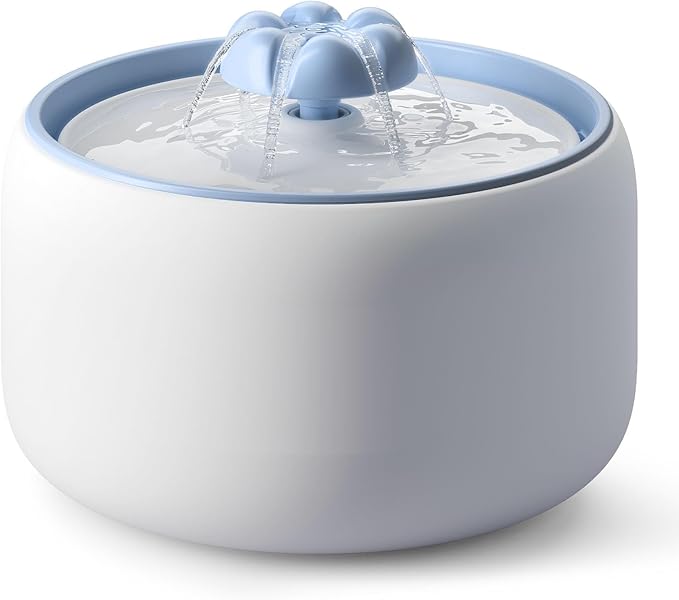 WOPET Ceramic Cat Water Fountain W03 Lite，3L/101oz Ceramic Pet Fountain，Automatic Water Fountain for Cats & Dogs, Fashion Cat Fountain with Ultra-Quiet Pump and Filter & Sponge White Blue