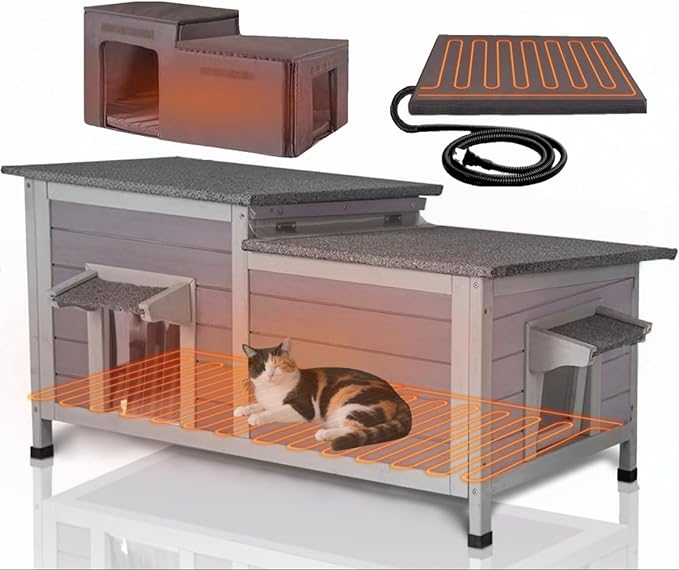 Gutinneen Heated Cat House for Outside Feral Kitty Shelter with Liner Weatherproof Insulated Outdoor Cat Shelter for Winter - Safe Escape Door and Large Space