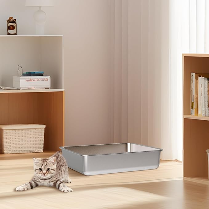 Stainless Steel Litter Box 2 Pack- 17.7" L x 13.77" W x 4" H Metal Cat Litter Box,Non Stick, No Smell,Easy to Clean,Metal Litterbox for Kitten,Elderly Cats,Bunny