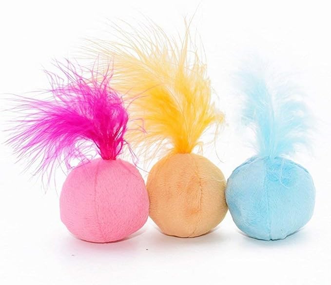 Furry Rattle Ball Cat Toy with Feather and Catnip - Interactive Pom Pom Balls for Cats, Soft and Lightweight, 2 Inch, 3 Pack.