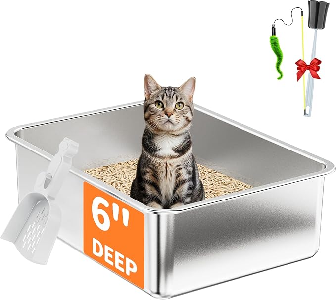 Stainless Steel Litter Box Set- [4-in-1] Cat Litter Box with Litter Scoop, Brush, Cat Wands, Non-Sticky Metal Litter Box for Cat, Kitty, Rabbit, Odorless, Easy Clean (17.7” x 13.8“ x 6”, 1 Pack)