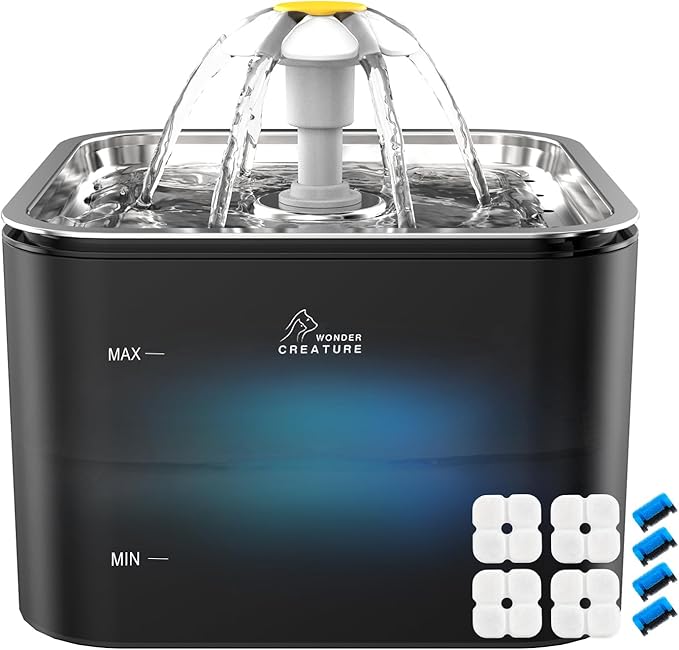 Crystal Cat Water Fountain Stainless Steel with 4 Filters and 4 Sponges, 101oz/3L Pet Fountain with LED Light for Cats and Dogs (Black)