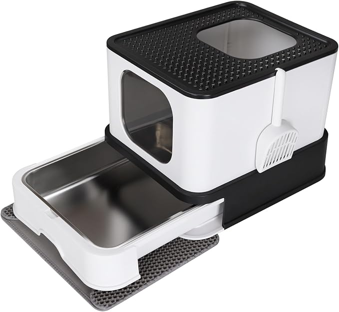 RIZZARI Stainless Steel Cat Box: Enclosed Design with High Walls - Black - Large Litter Pan for Odor Control Indoors
