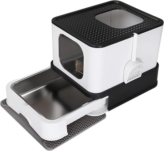 RIZZARI Stainless Steel Cat Box: Enclosed Design with High Walls - Black - Large Litter Pan for Odor Control Indoors