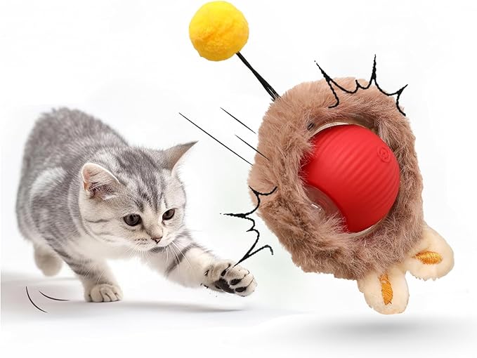 Interactive Cat Toy Ball for Indoor Cats, 2025 New Fast Self Rolling Ball Cat Toy on Carpet, Smart Interactive Automatic Cat Toy Ball for Gifts for Indoor Cats, Moving Cat Toy Ball-Plush Style(Red)