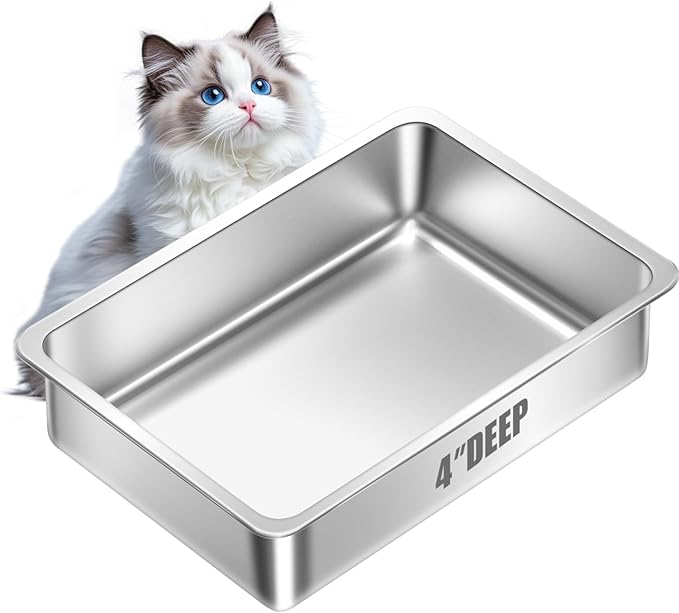 Stainless Steel Cat Litter Box for Kitten, Metal Litter Pan Tray for Rabbits Hamsters, Easy to Clean Pet Bathroom Accessories-15.75''Lx 11.81'' W x4'' H