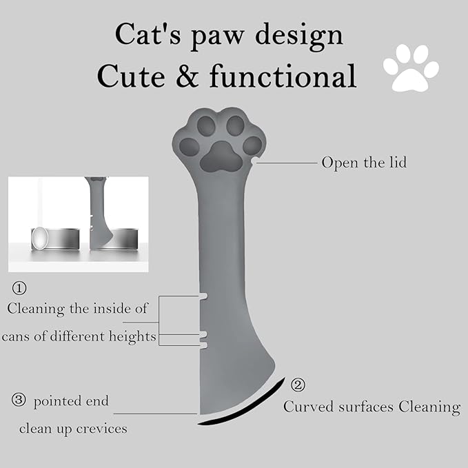 Pet Food Can Spoon & 3 Pcs Can Covers | Cute Paw Shape Opener Spatula Cat Wet Food Spoon | Universal BPA Free Silicone Can Lids & Spoon for Dog Cat Cans(Grey)