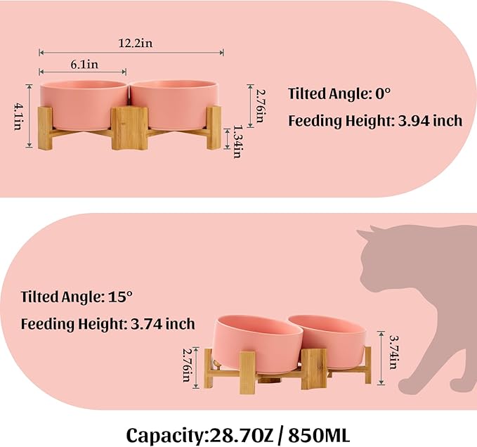 SPUNKYJUNKY 15° Slanted Ceramic Dog and Cat Bowl with Wooden Stand, Tilted Bulldog Food and Water Bowl No Slip Non-Spill for Cats Medium Dogs Big Face Pets 28.7 OZ (3.6 Cups, Pink × 2)