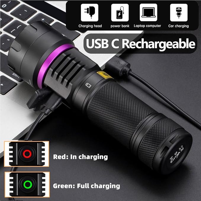 ALONEFIRE SV116 365nm UV Flashlight 60W Powerful Blacklight USB C Rechargeable Black Light for Pet Urine Detector, Scorpion, Resin, Bed Bug, Fishing with UV Protective Glasses, Rechargeable Battery
